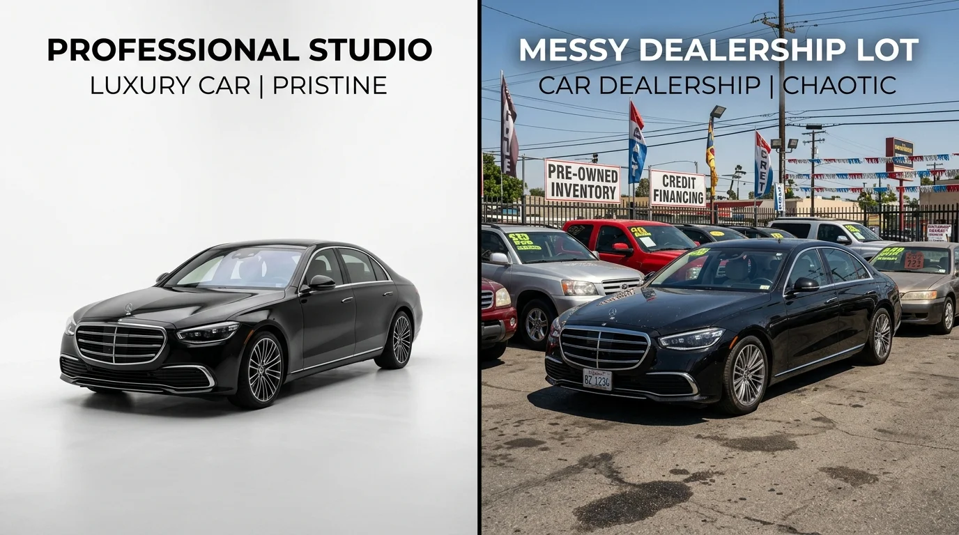 Side-by-side comparison of professional studio car photography versus cluttered lot photography showing dramatic quality difference