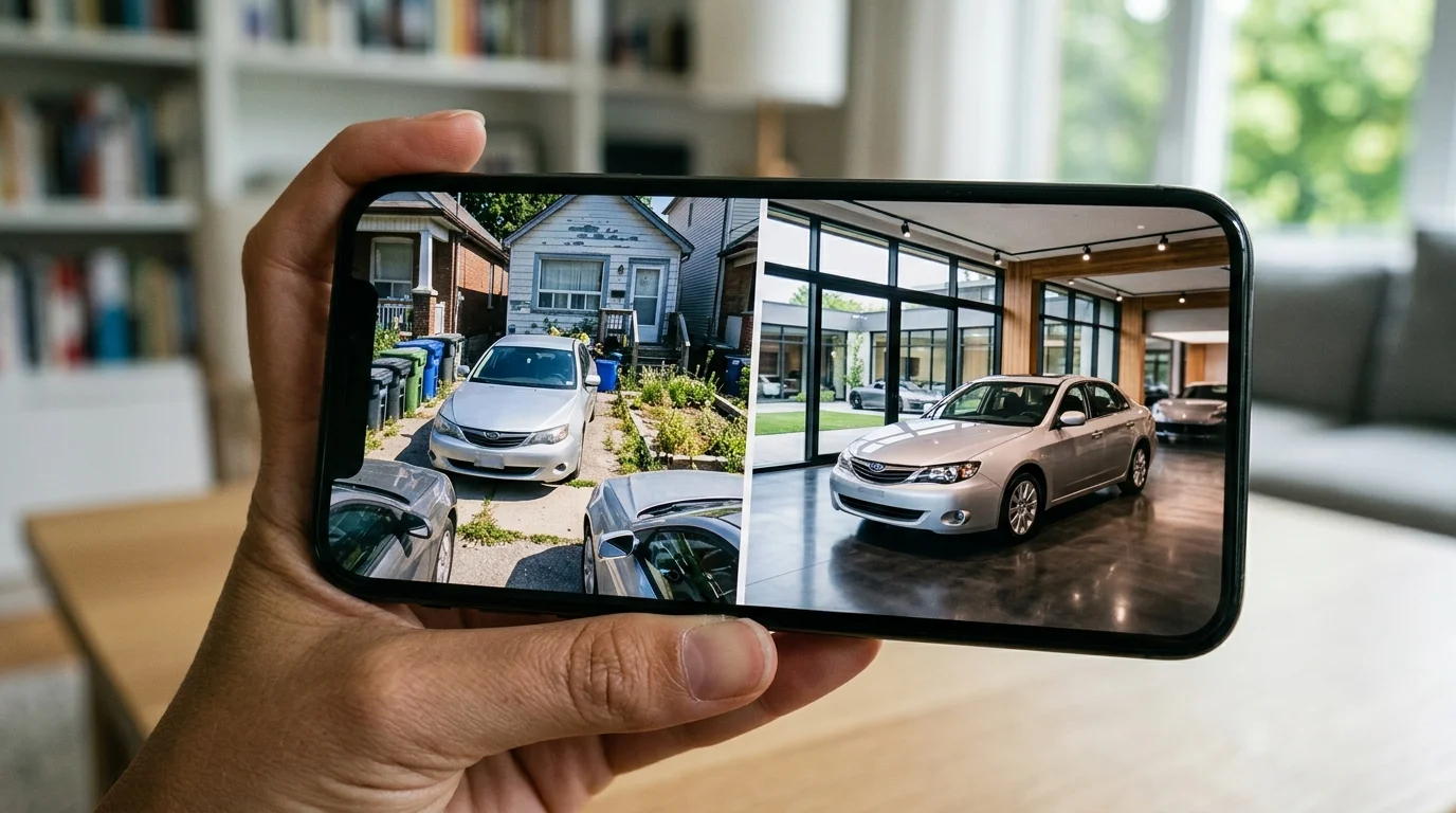 Smartphone displaying before-and-after transformation of Turo host vehicle photo from cluttered driveway to professional showroom backdrop