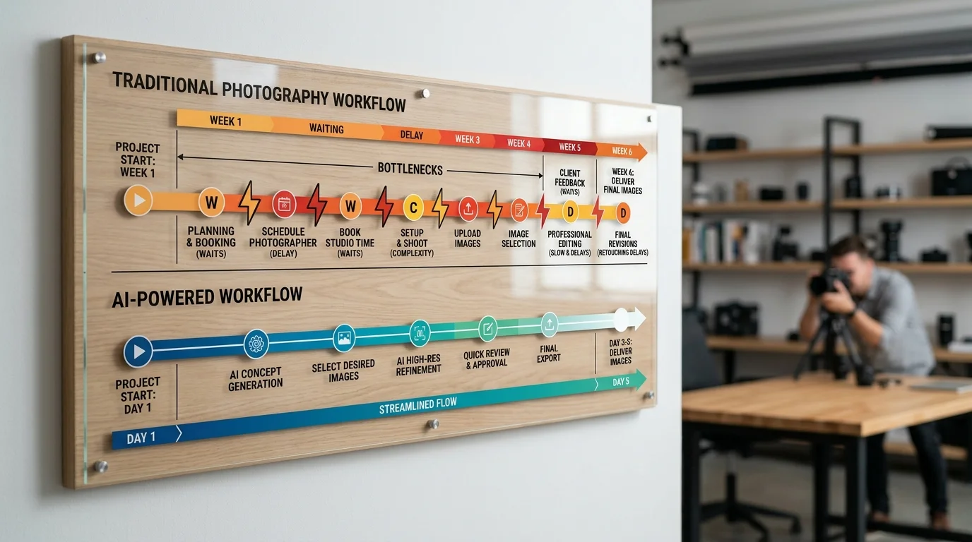 Timeline comparison showing traditional 6-week photography workflow versus 3-5 day AI-powered process