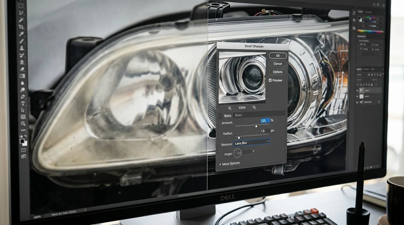 Photoshop Smart Sharpen filter settings for automotive detail enhancement