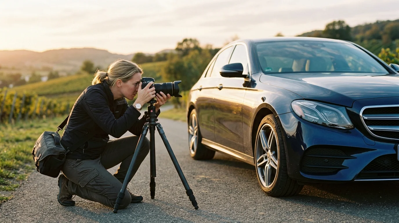Proper camera setup and golden hour lighting for sharp automotive photography