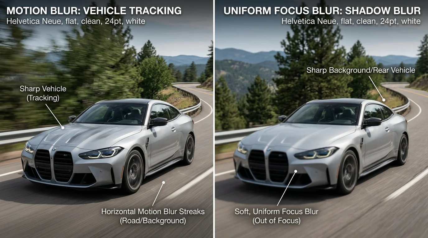 Comparison of motion blur versus focus blur in automotive photography