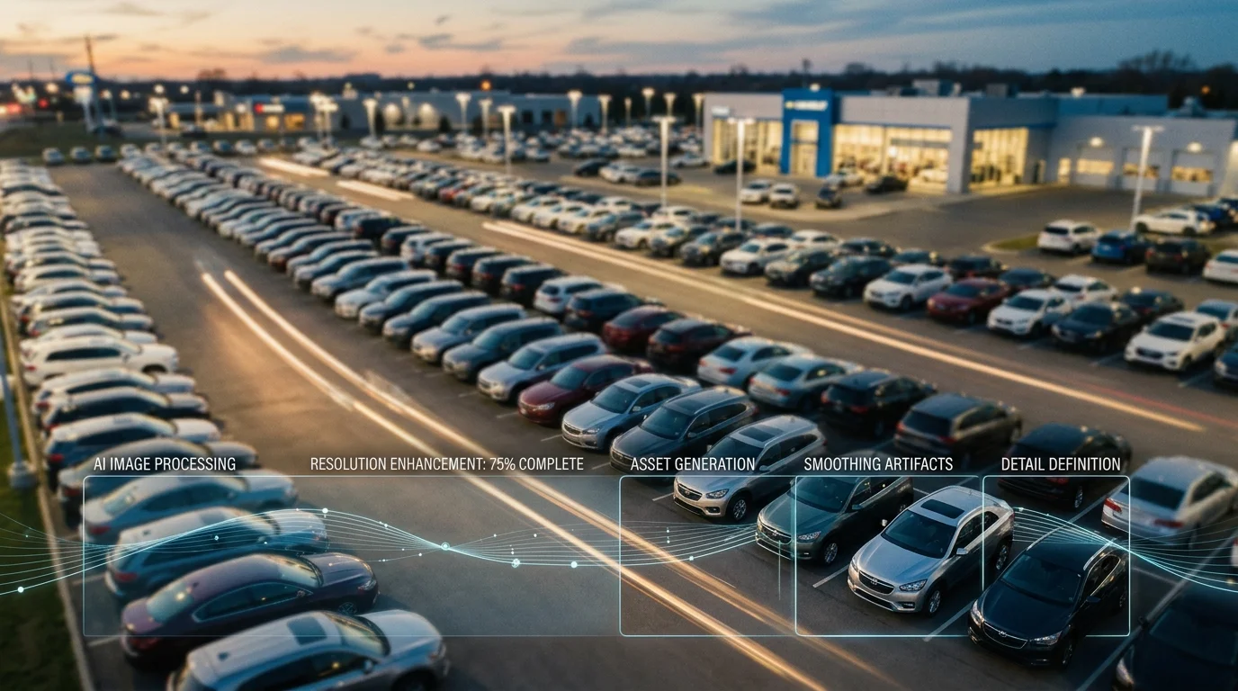 AI processing transforming blurry dealership lot photos into sharp inventory images