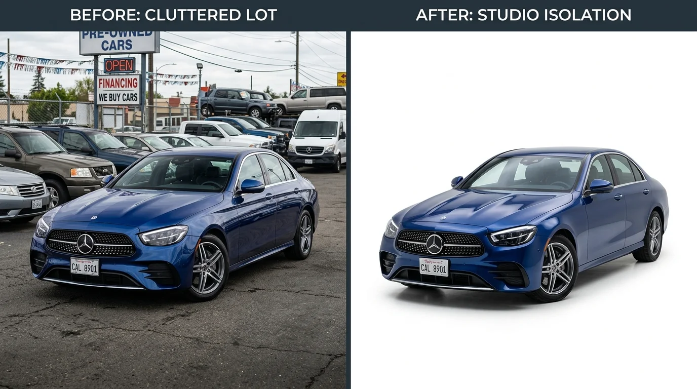 Before and after comparison of car photo with cluttered lot versus professional white background