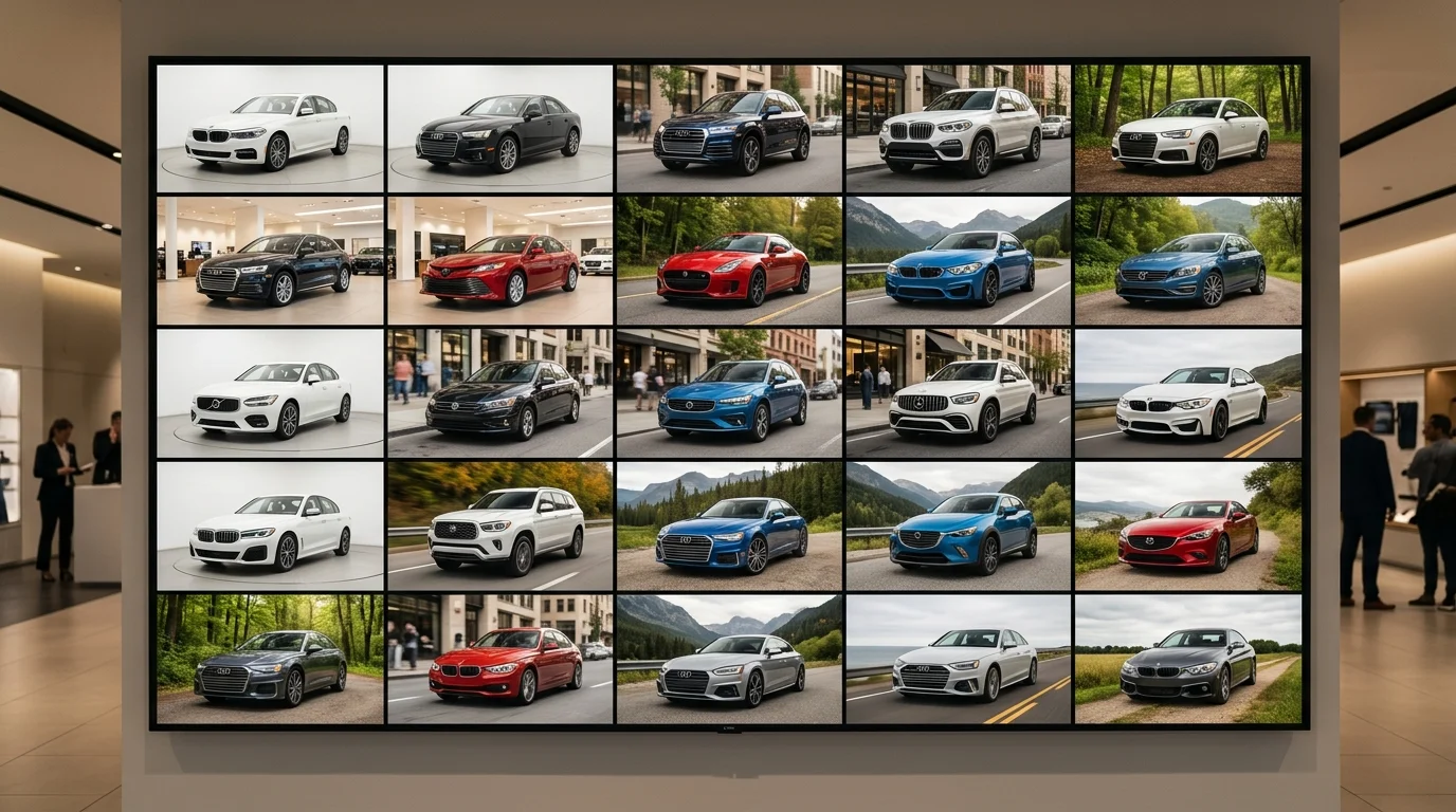 Dealership inventory with AI-processed cars featuring consistent professional backgrounds
