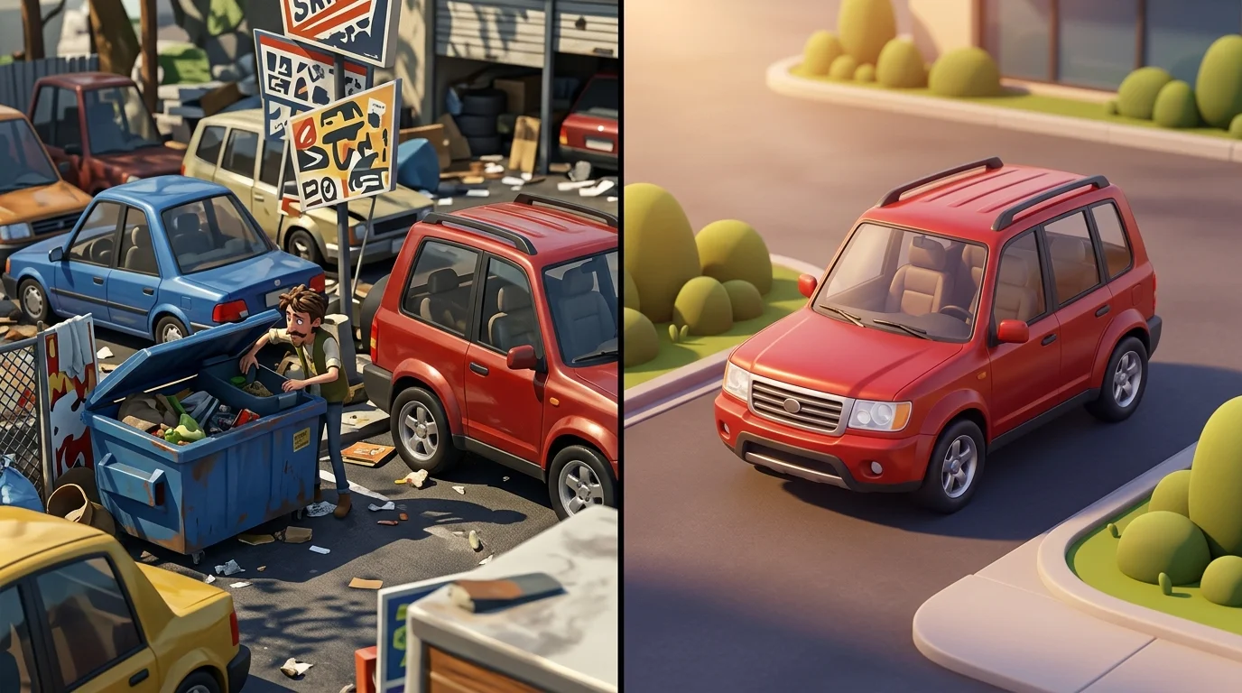 Before and after comparison of manual object removal from a car photo