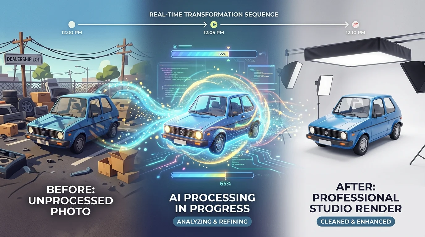 AI-powered transformation of a car photo from cluttered lot to professional studio background