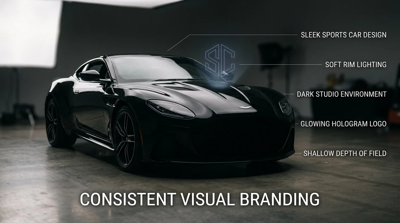 Car in studio with glowing monogram logo hovering above hood