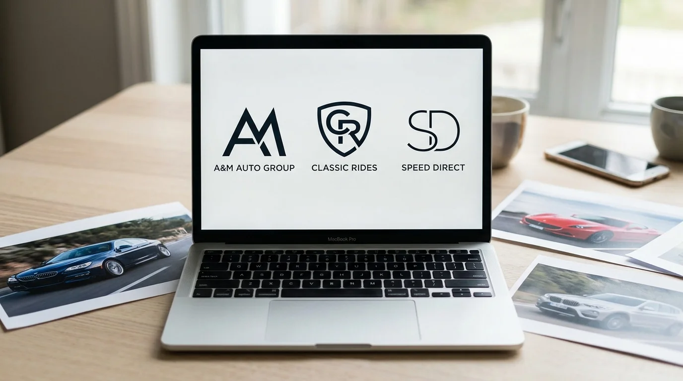 Desk with laptop showing multiple monogram designs next to printed car photos