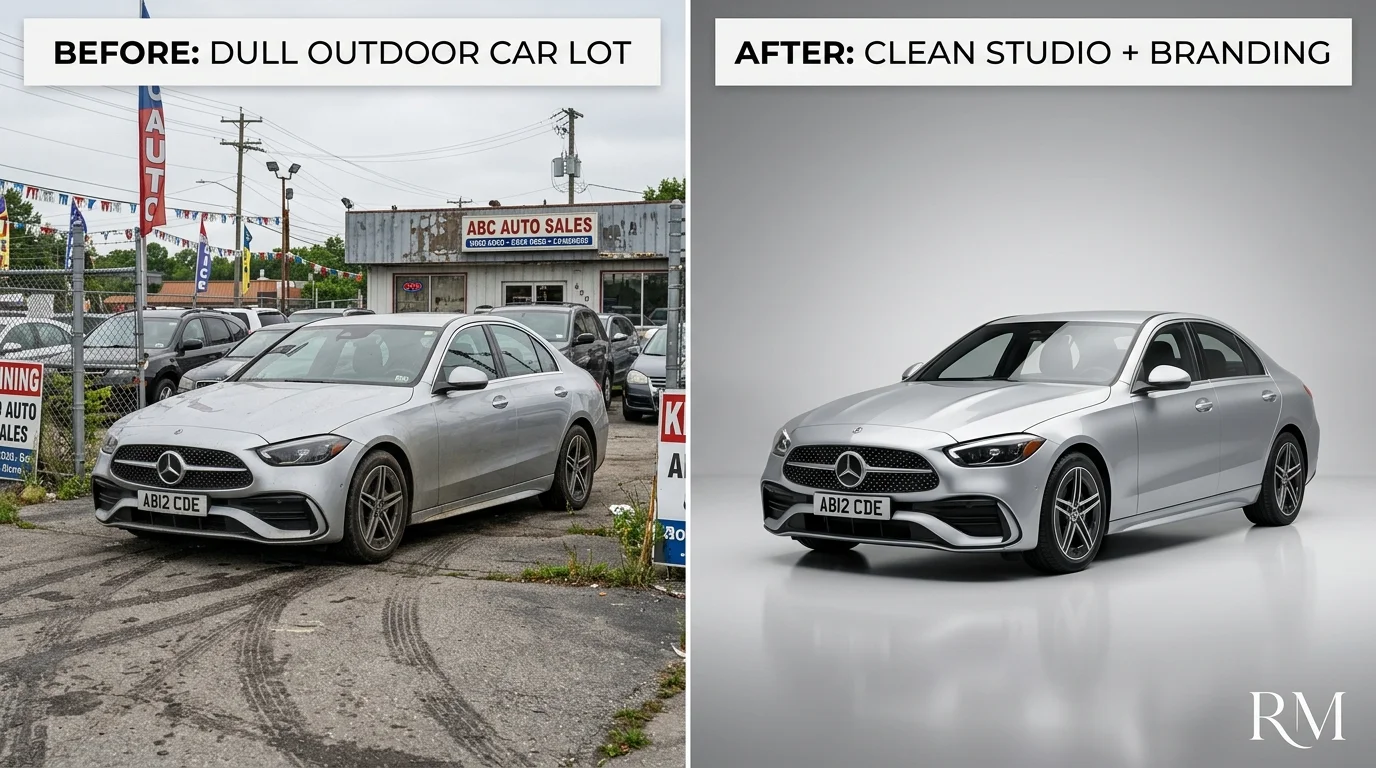 Before-and-after car photo showing cluttered lot versus studio-style background with monogram