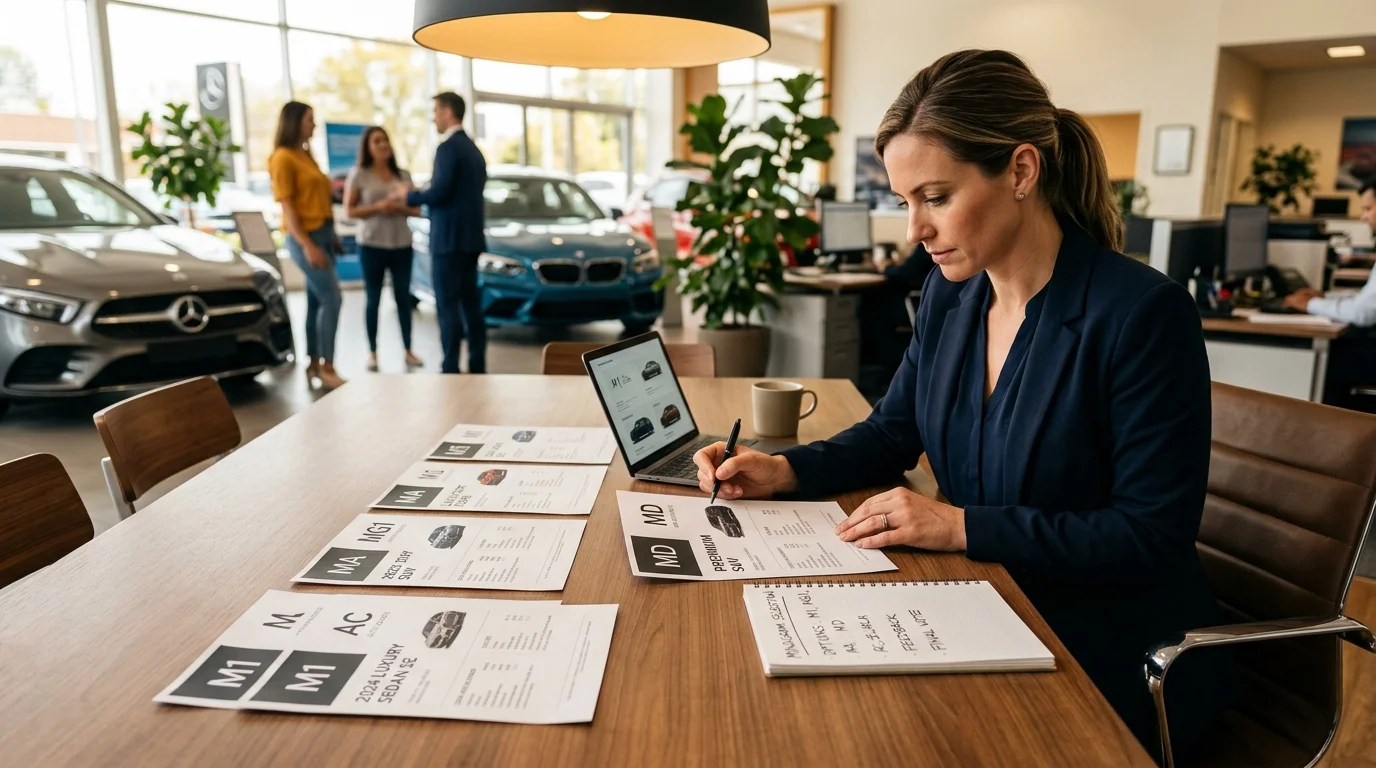 Dealership marketer comparing printed car listings with different monogram styles