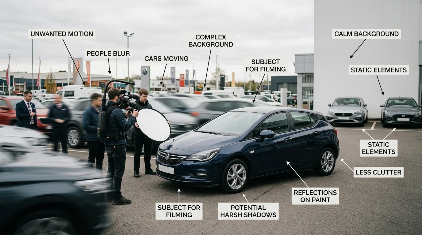 Car being filmed with distracting moving background elements and harsh shadows.