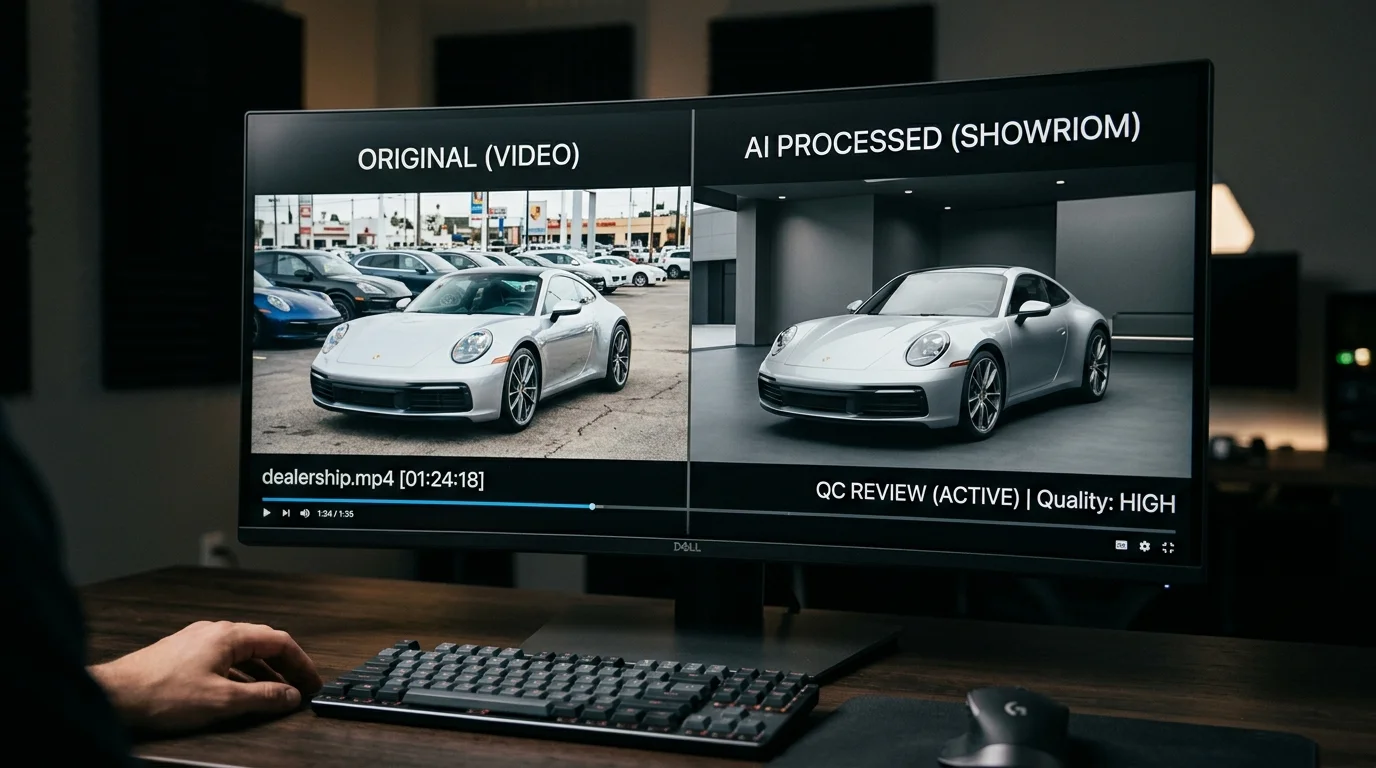 Split-screen car video showing original lot background versus clean showroom background during review.