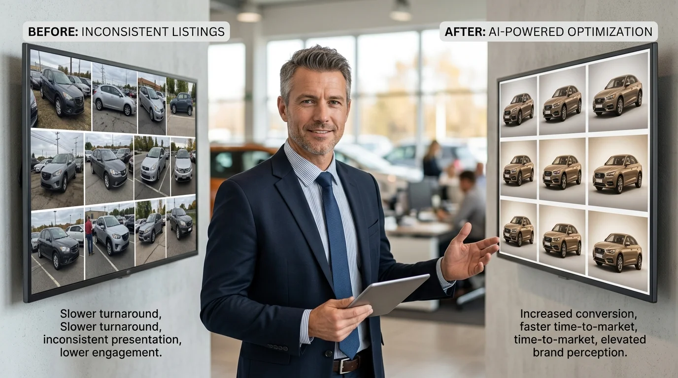 Dealer comparing inconsistent lot photos with uniform studio-style car images on large screens.