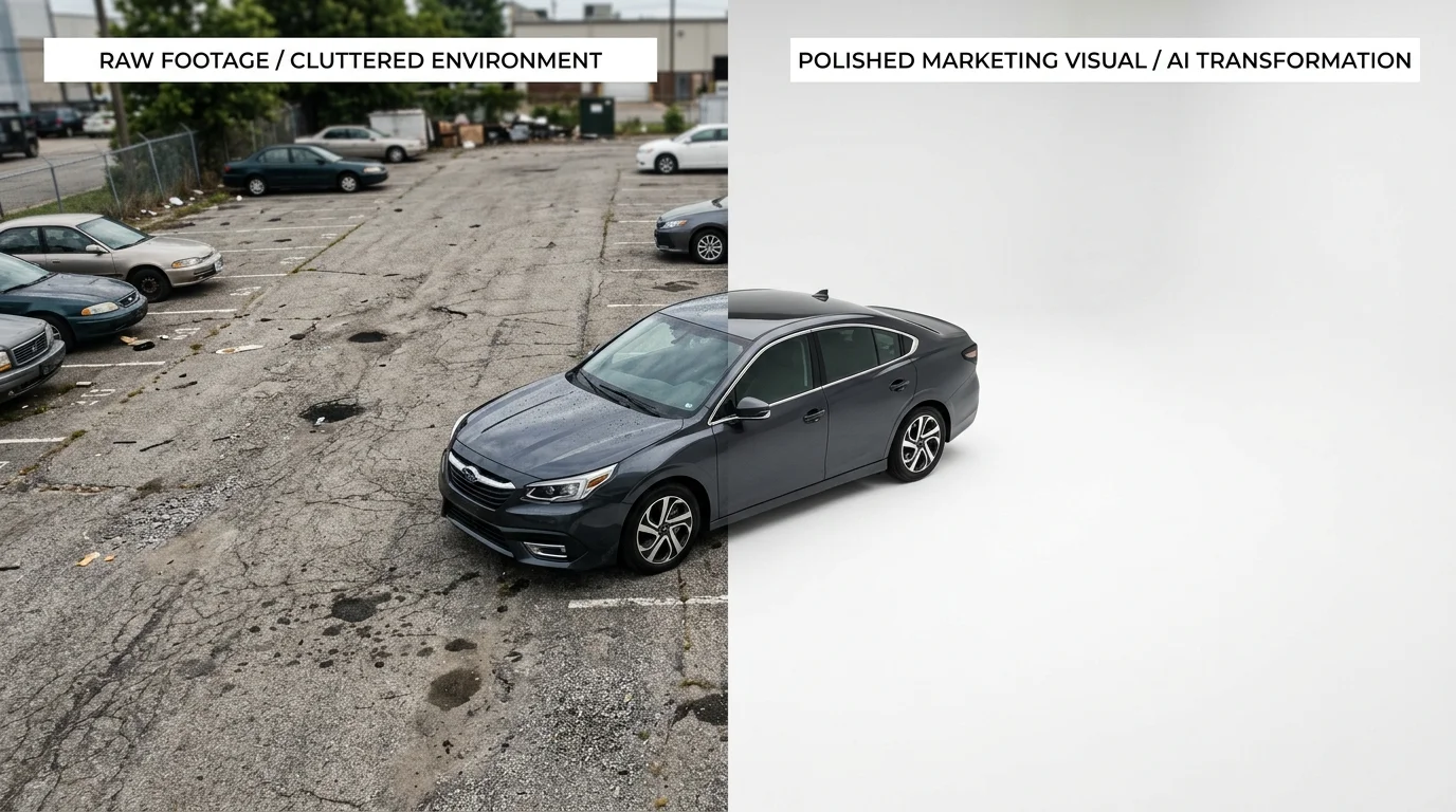 Car on a lot transitioning into a clean studio background to illustrate AI video background removal.