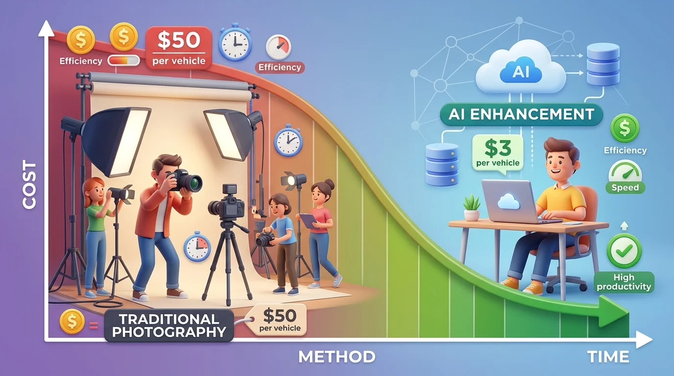Cost comparison visualization showing 90% savings with AI photo enhancement versus traditional studio photography