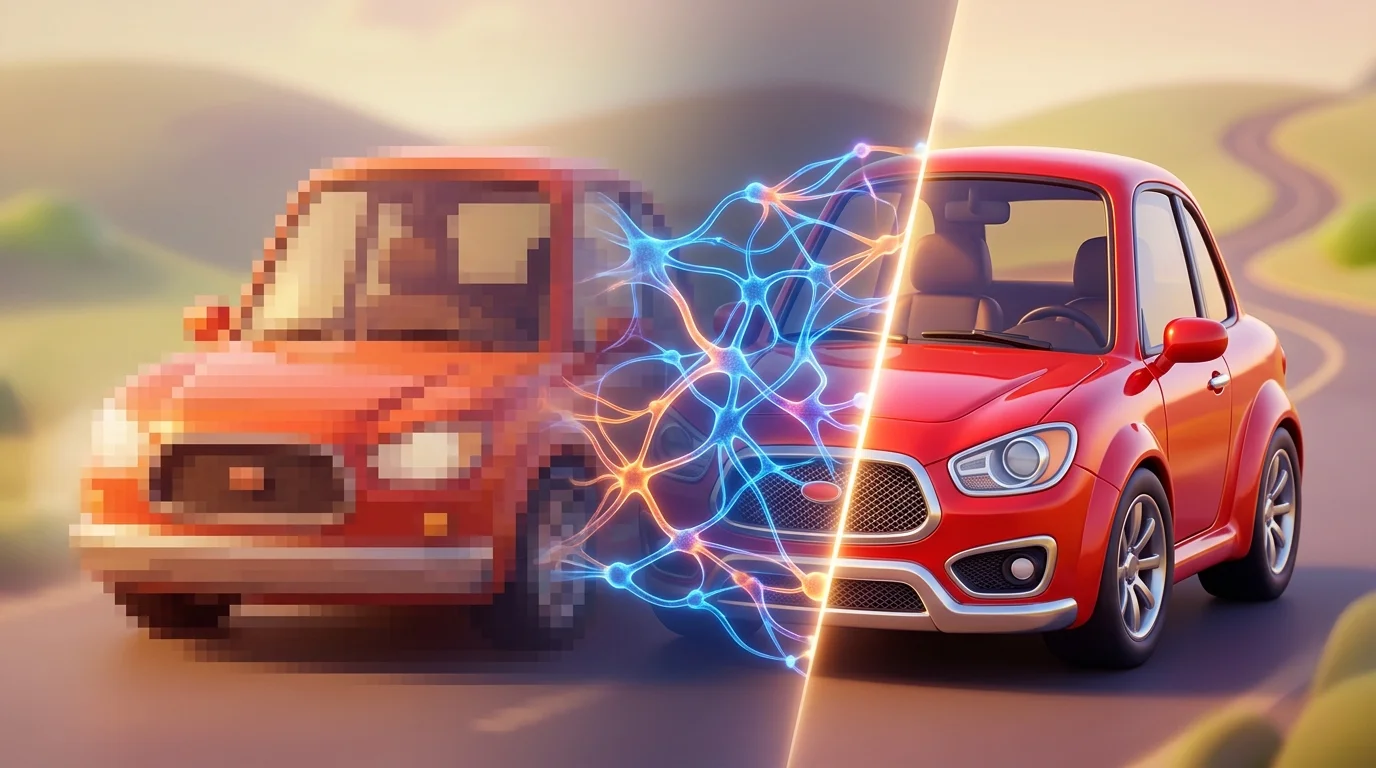 Before and after comparison of AI image upscaling transforming a low-resolution car photo into high-resolution detail