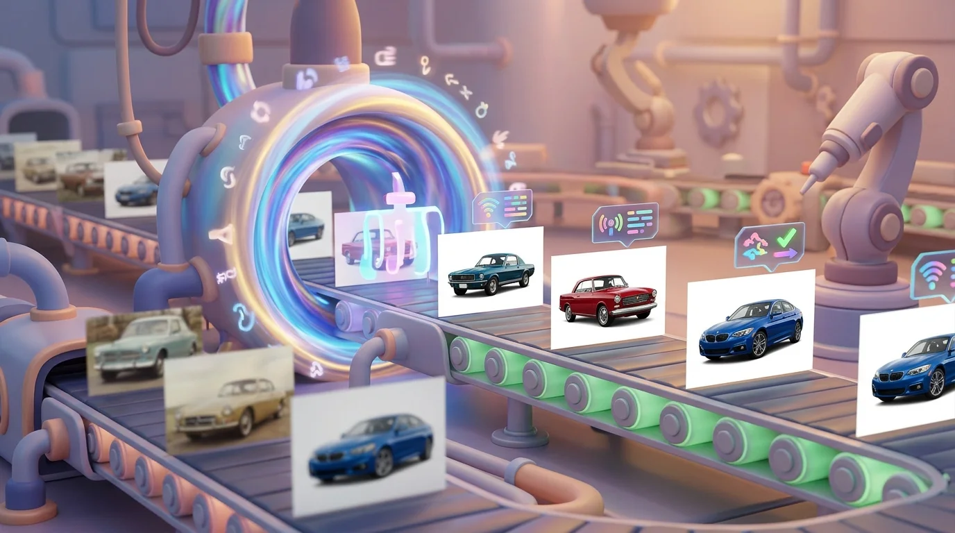 3D cartoon of AI photo processing pipeline for car images