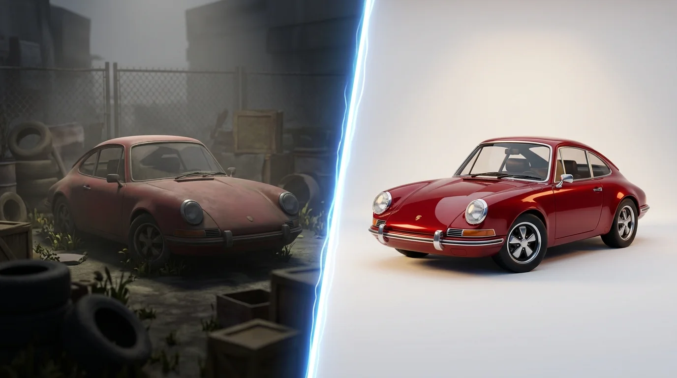 Side-by-side 3D cartoon comparison of blurry vs. AI-sharpened car photo