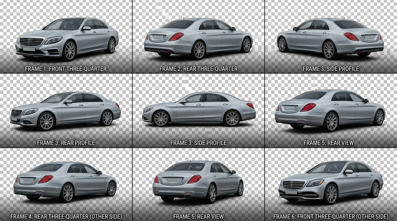 Animated GIF of a vehicle rotating with transparent background showing frame-by-frame consistency