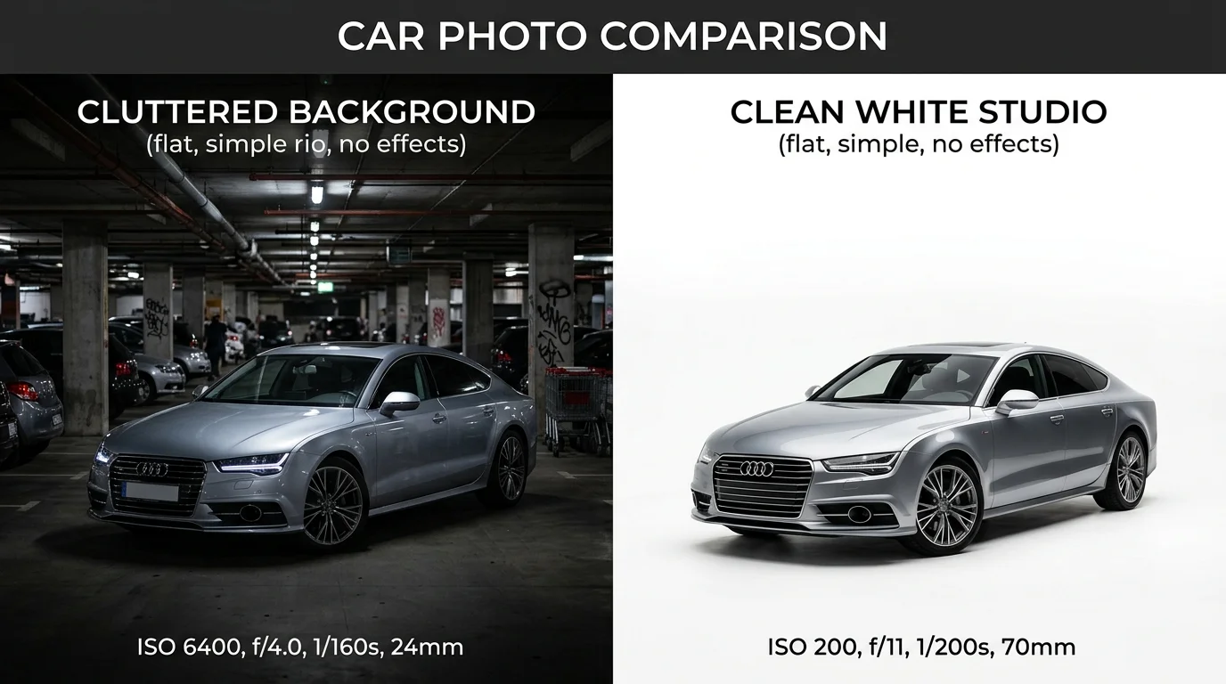 Before and after comparison of car photo background removal showing professional transformation