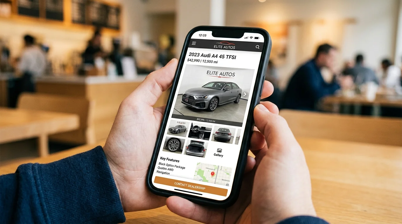 Mobile phone displaying animated vehicle GIF in dealership listing alongside static photos