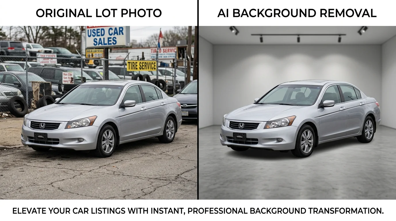 Before and after comparison of a car GIF on a messy lot versus a clean showroom background