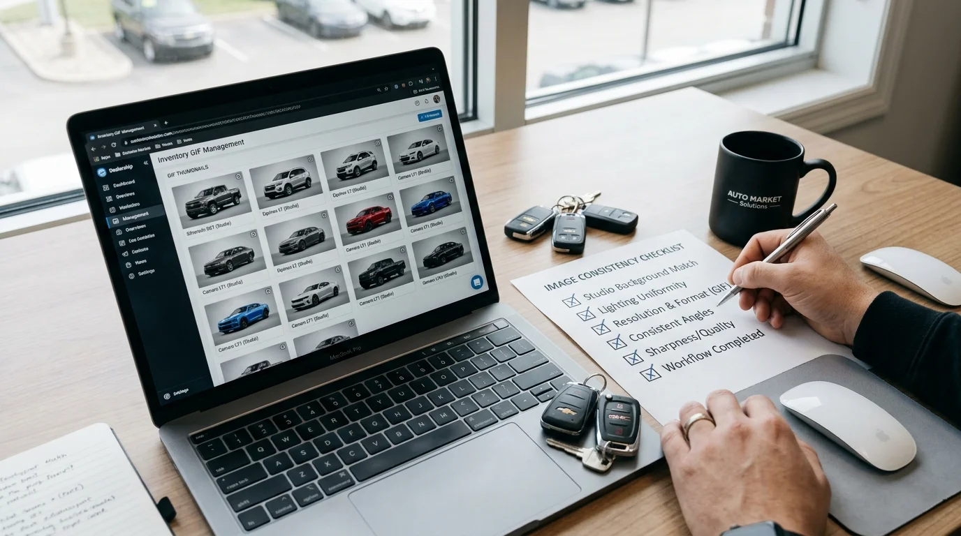 Dealer workspace showing consistent car GIF thumbnails and an image consistency checklist