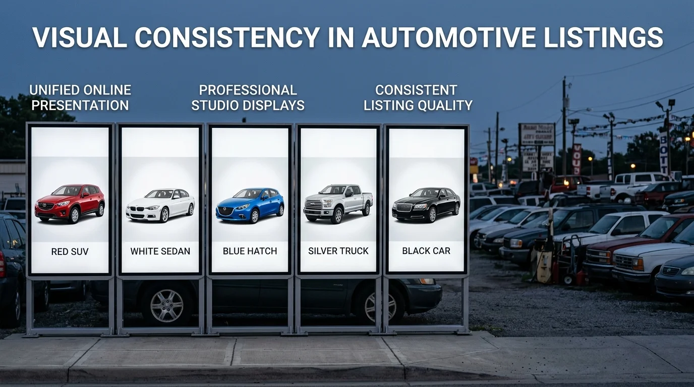 Row of cars shown on digital screens with clean backgrounds in front of a cluttered dealership lot