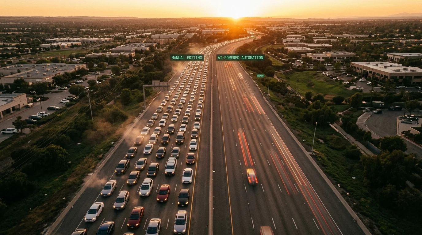 Metaphorical comparison of slow manual editing versus fast AI workflows for car imagery