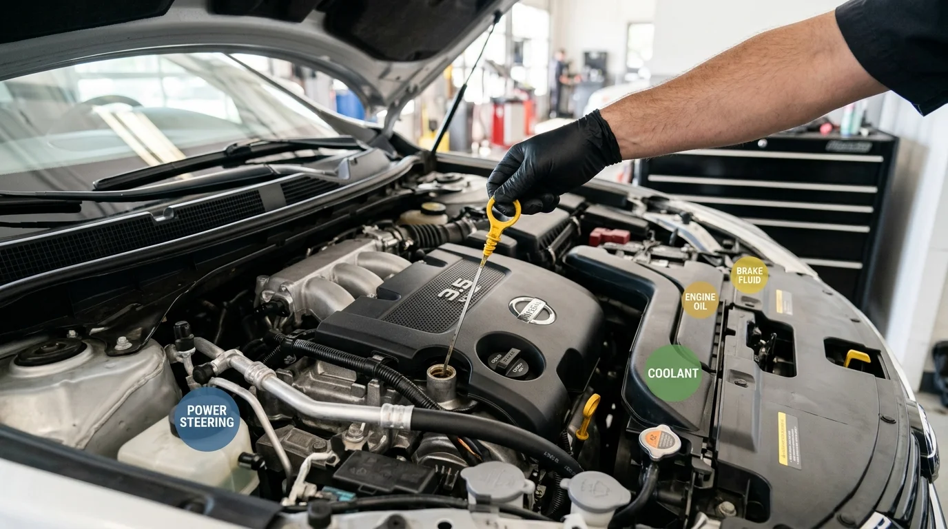 Mechanic checking oil dipstick and fluid reservoirs in an engine bay