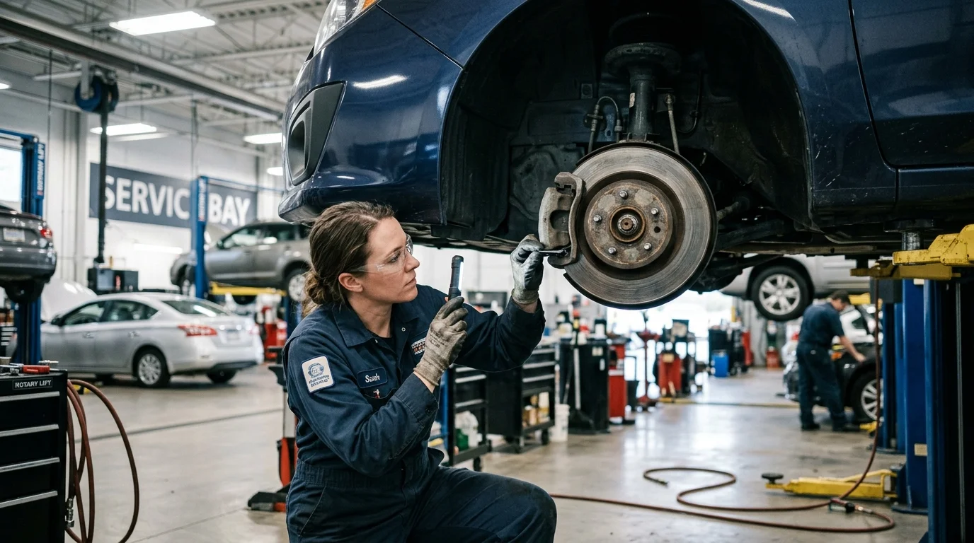 Technician inspecting brake rotor and caliper on a car lifted in a service bay