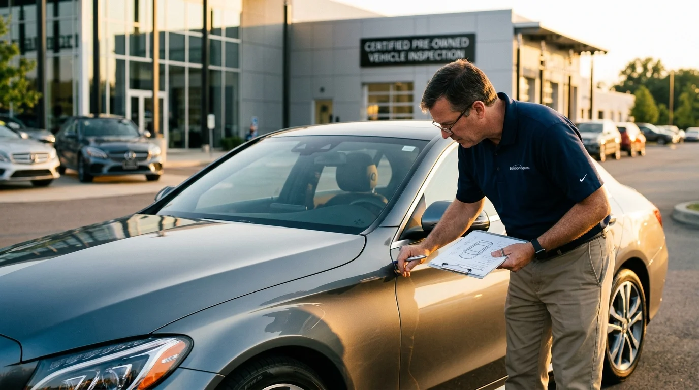Inspector walking around a car checking exterior panels and paint at a dealership lot