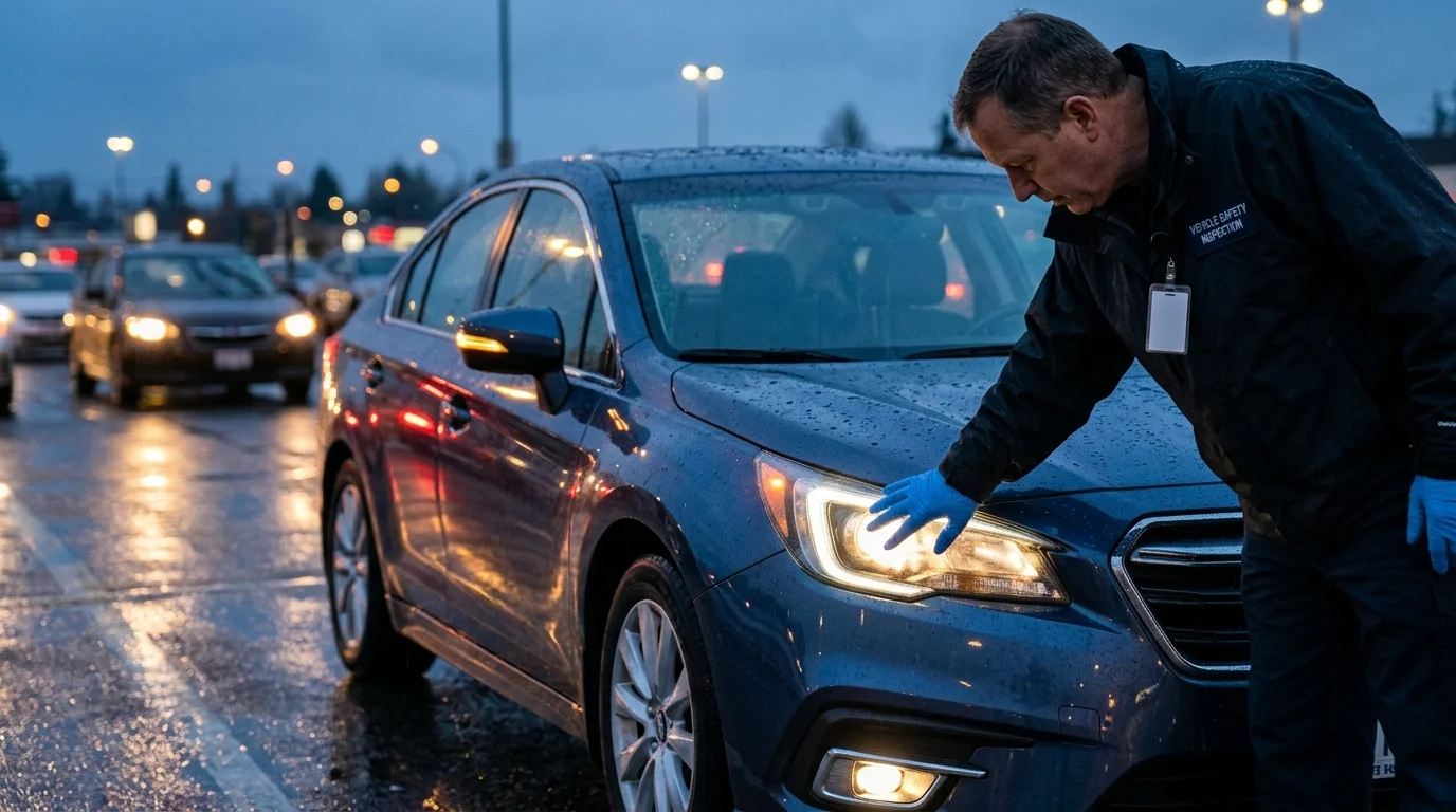 Car with all exterior lights on while an inspector checks headlight condition