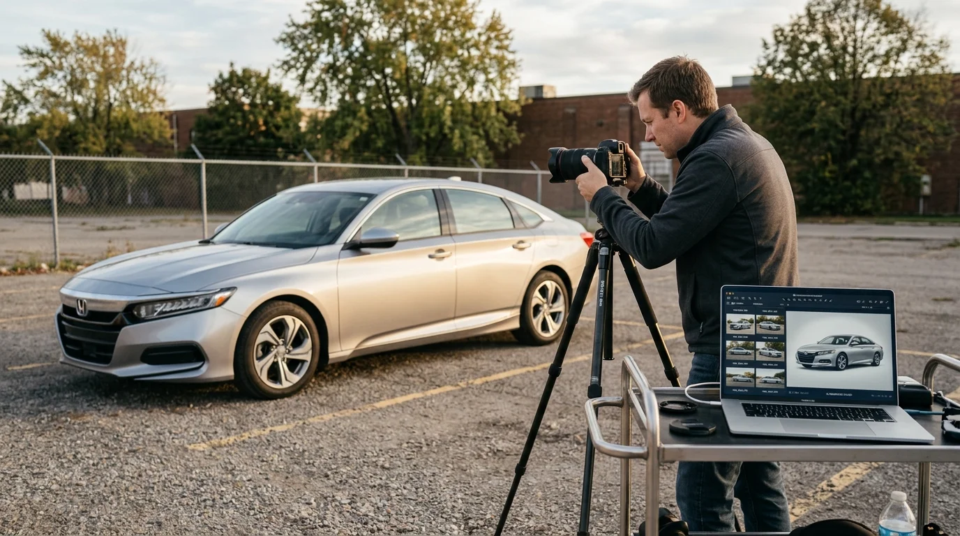 Car being photographed on a lot while AI-enhanced studio-style images appear on a nearby laptop
