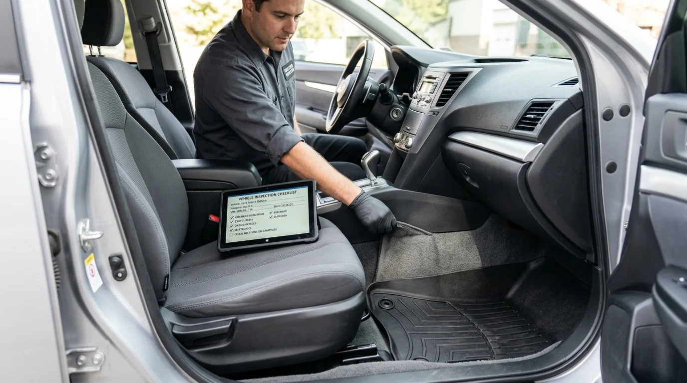 Inspector checking seats and carpets inside a car with a digital checklist on the seat
