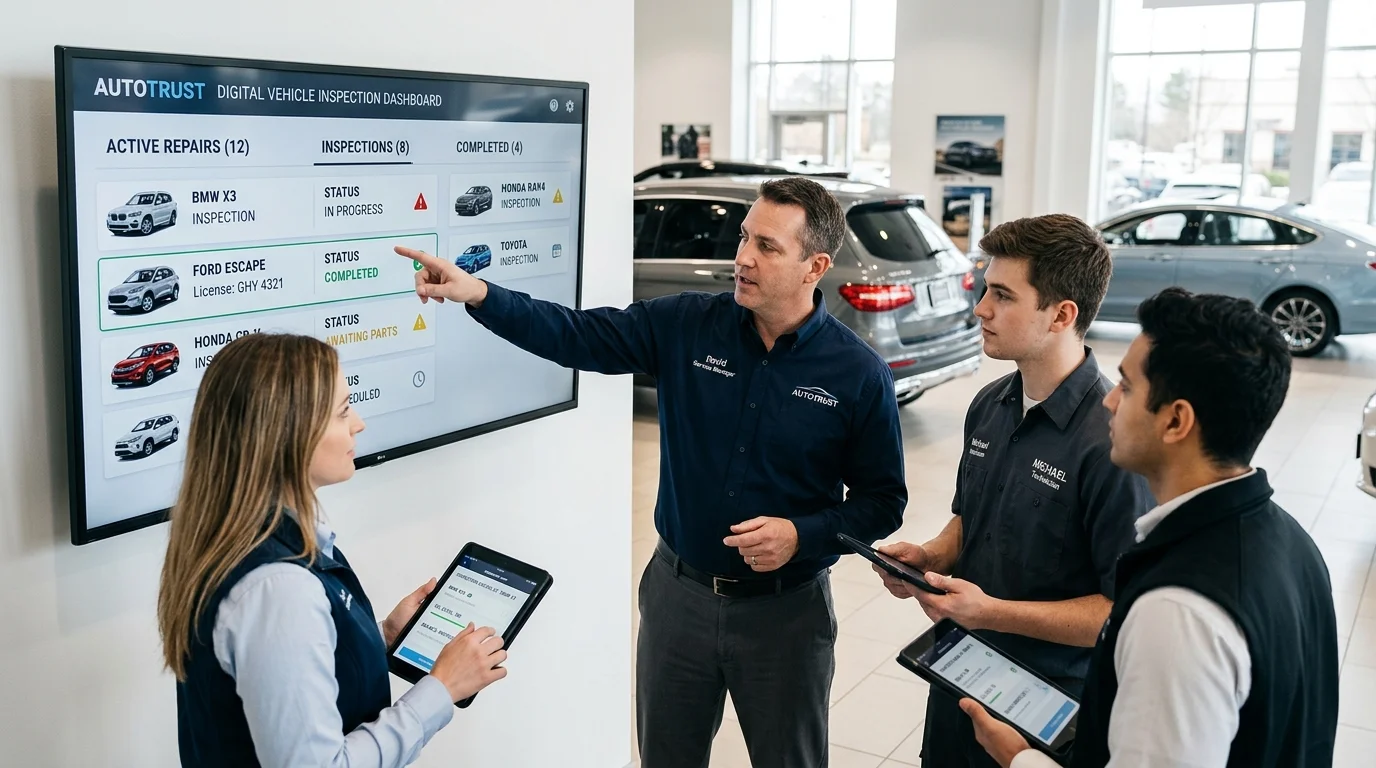Dealership team reviewing digital vehicle inspection checklists on a large screen