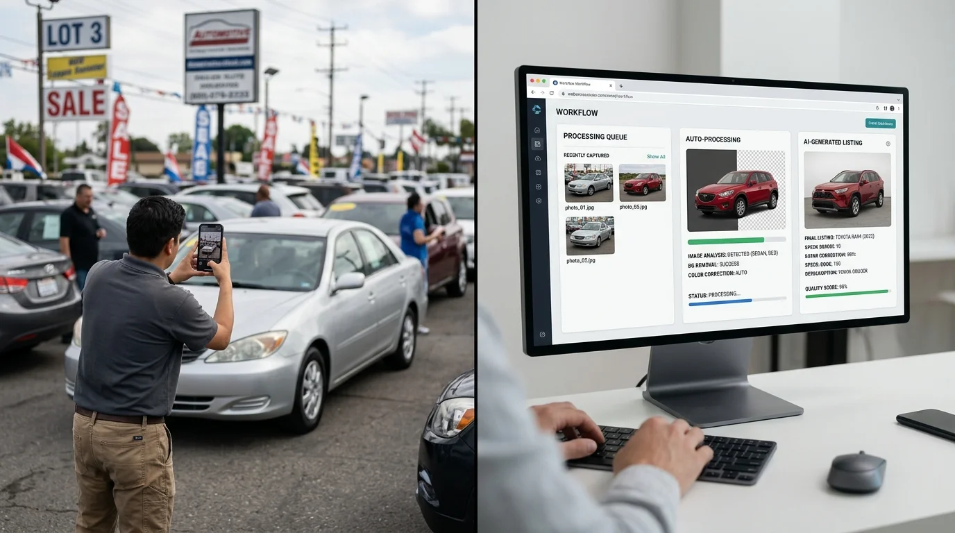 Split image showing manual car photography vs AI-powered processing