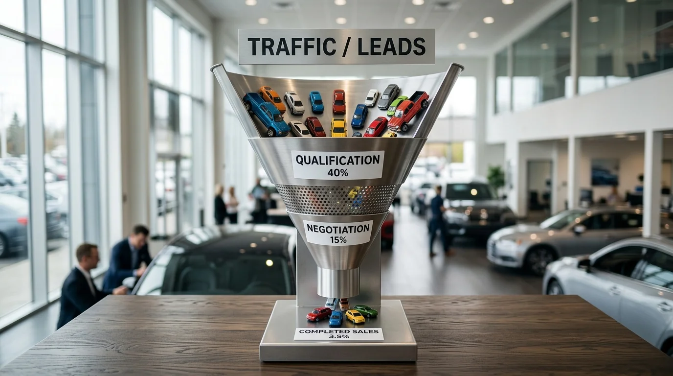 Sales funnel showing lead-to-sale conversion stages with percentage metrics