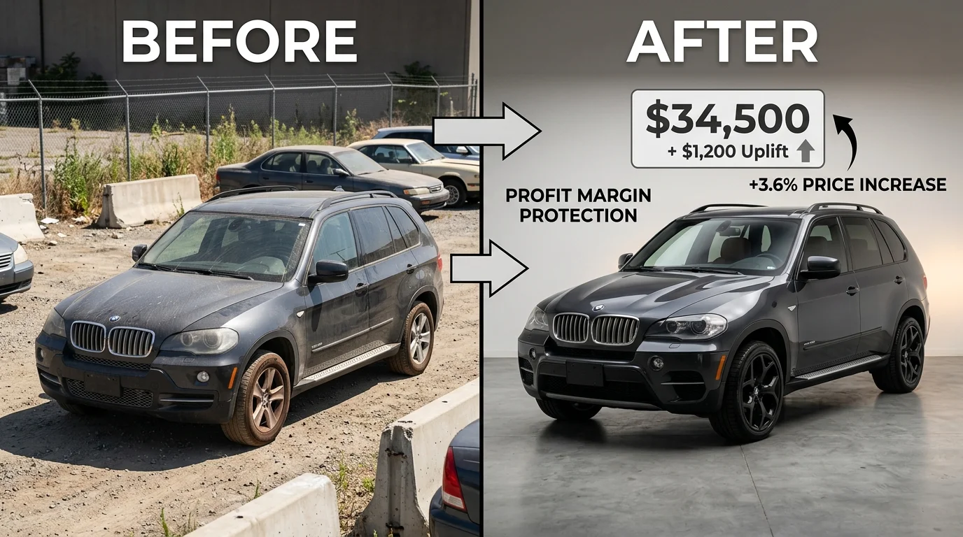 Before-and-after vehicle reconditioning and professional photography impact on pricing and margin