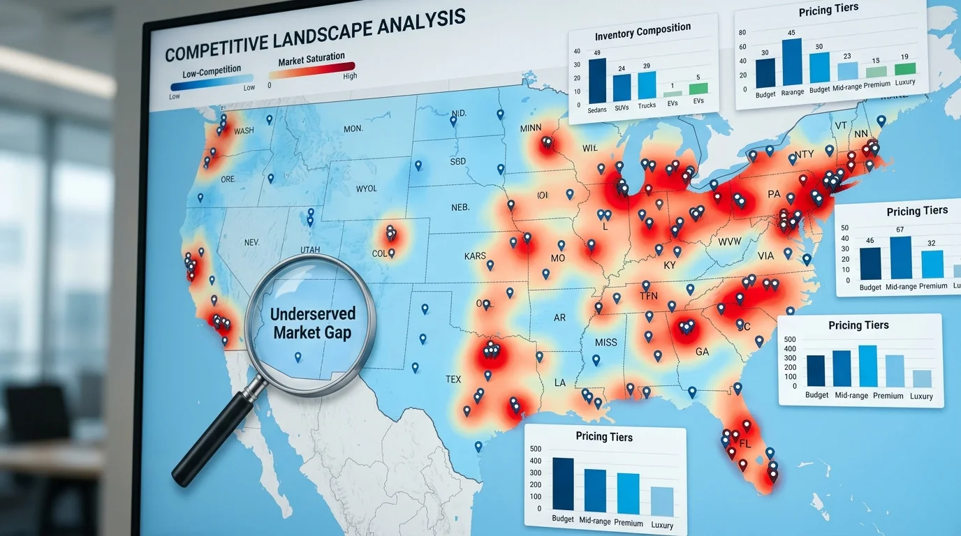 Competitive market analysis map showing dealership density and market gaps