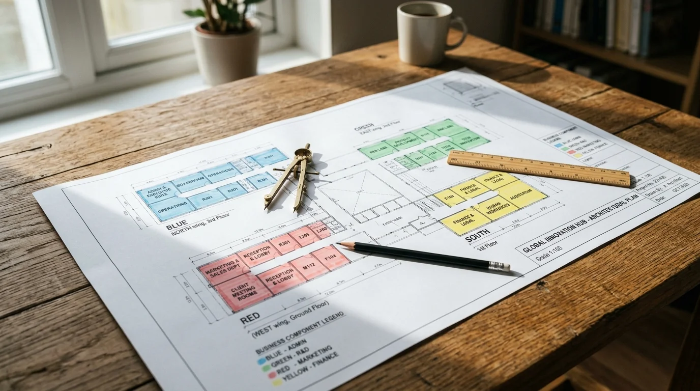 Business plan blueprint with five distinct colored sections representing core business components