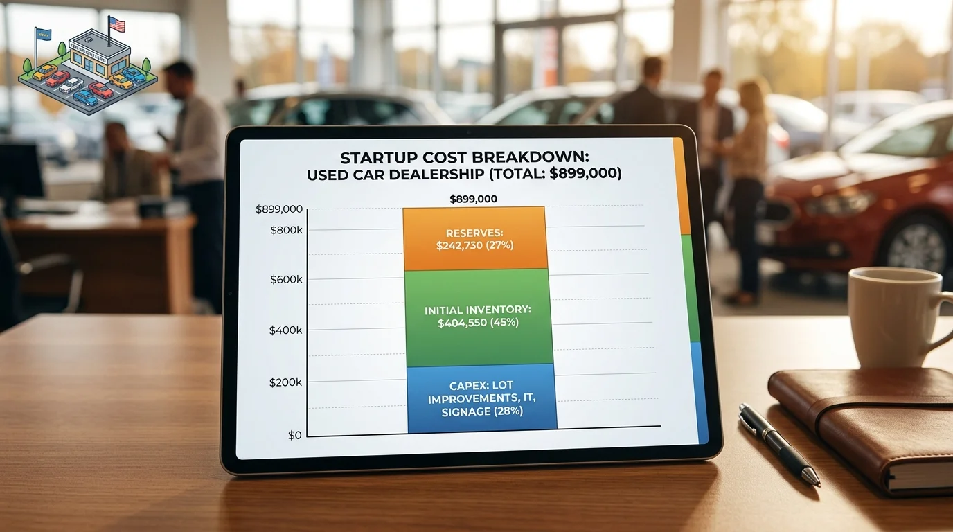 Startup cost breakdown chart for used car dealership showing CAPEX, inventory, and working capital