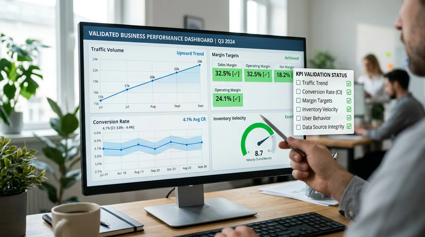 Performance metrics validation dashboard showing traffic, conversion, margin, and velocity assumptions
