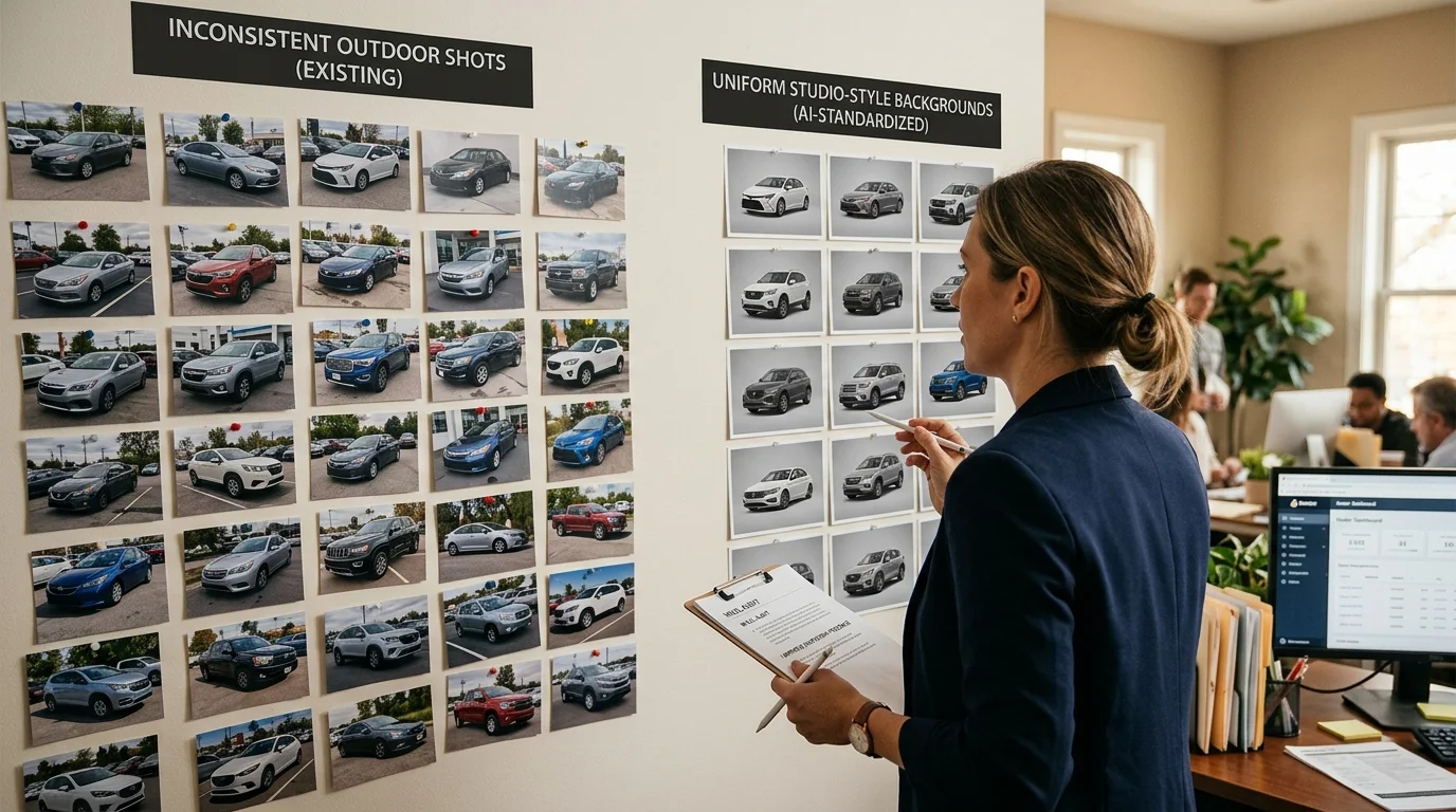 Dealer comparing inconsistent car photos to uniform studio-style images on a wall.