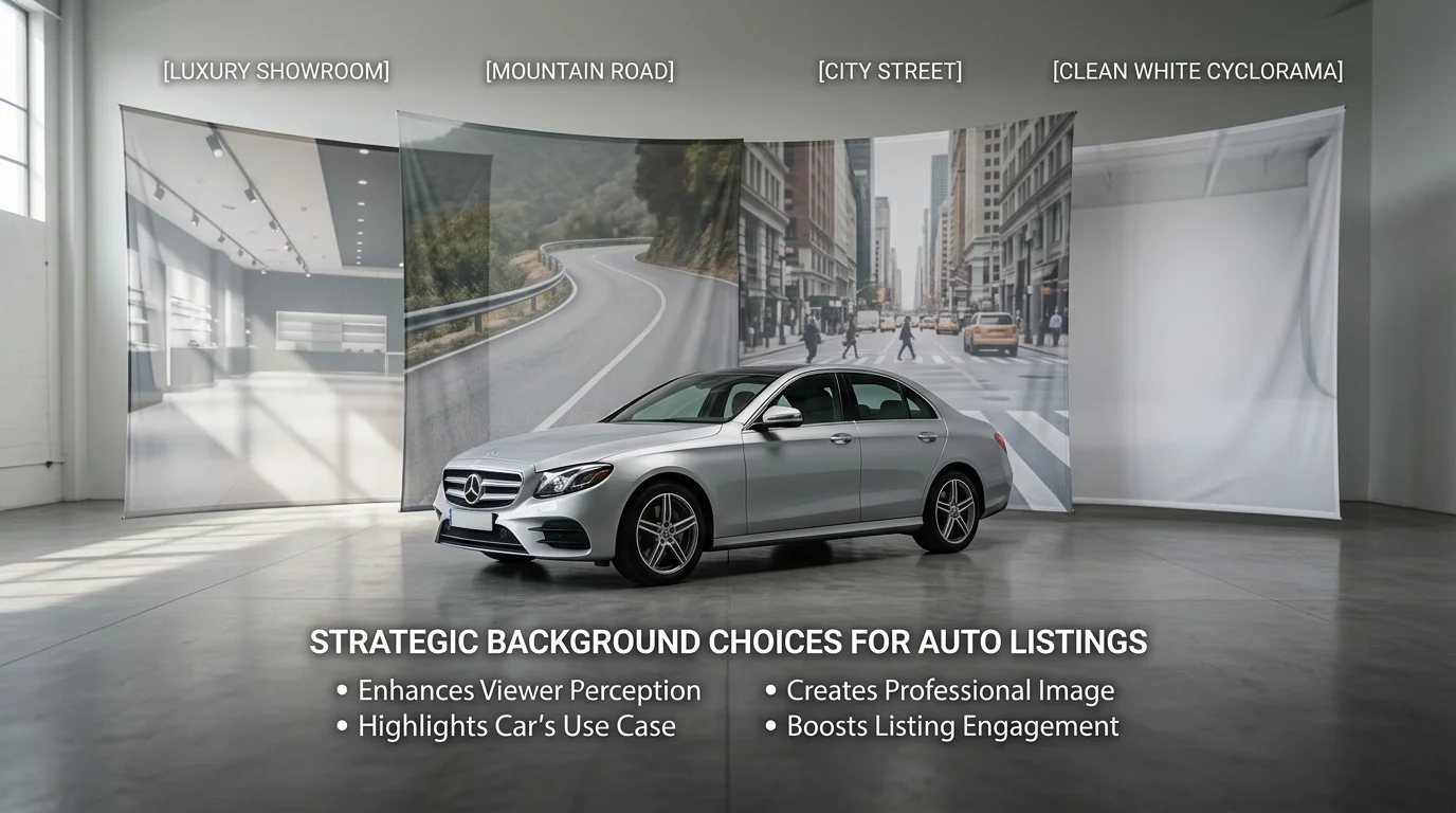 Car in a studio surrounded by different background options for online listings.