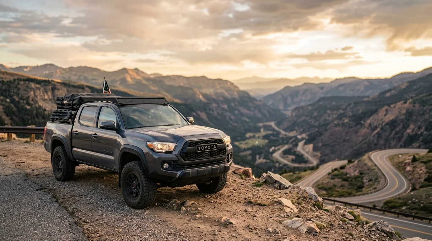 Truck photographed in a dramatic mountain setting to highlight adventure lifestyle.