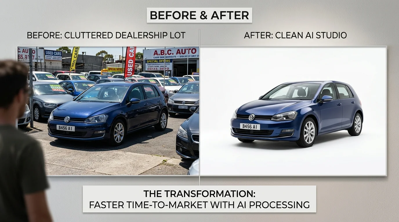 Side-by-side comparison of a lot photo and a clean studio-style car image.