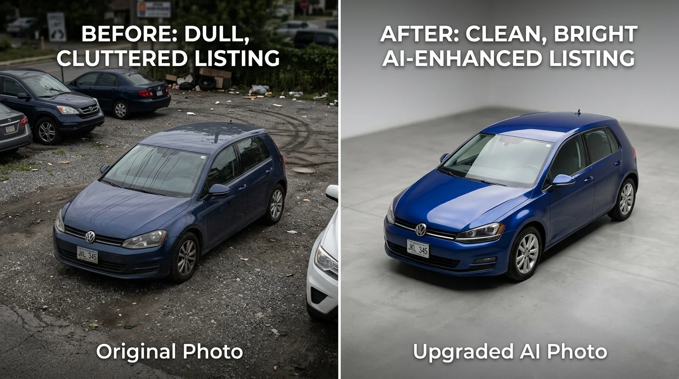 Comparison of cluttered lot car photo versus clean AI-enhanced studio-style car photo