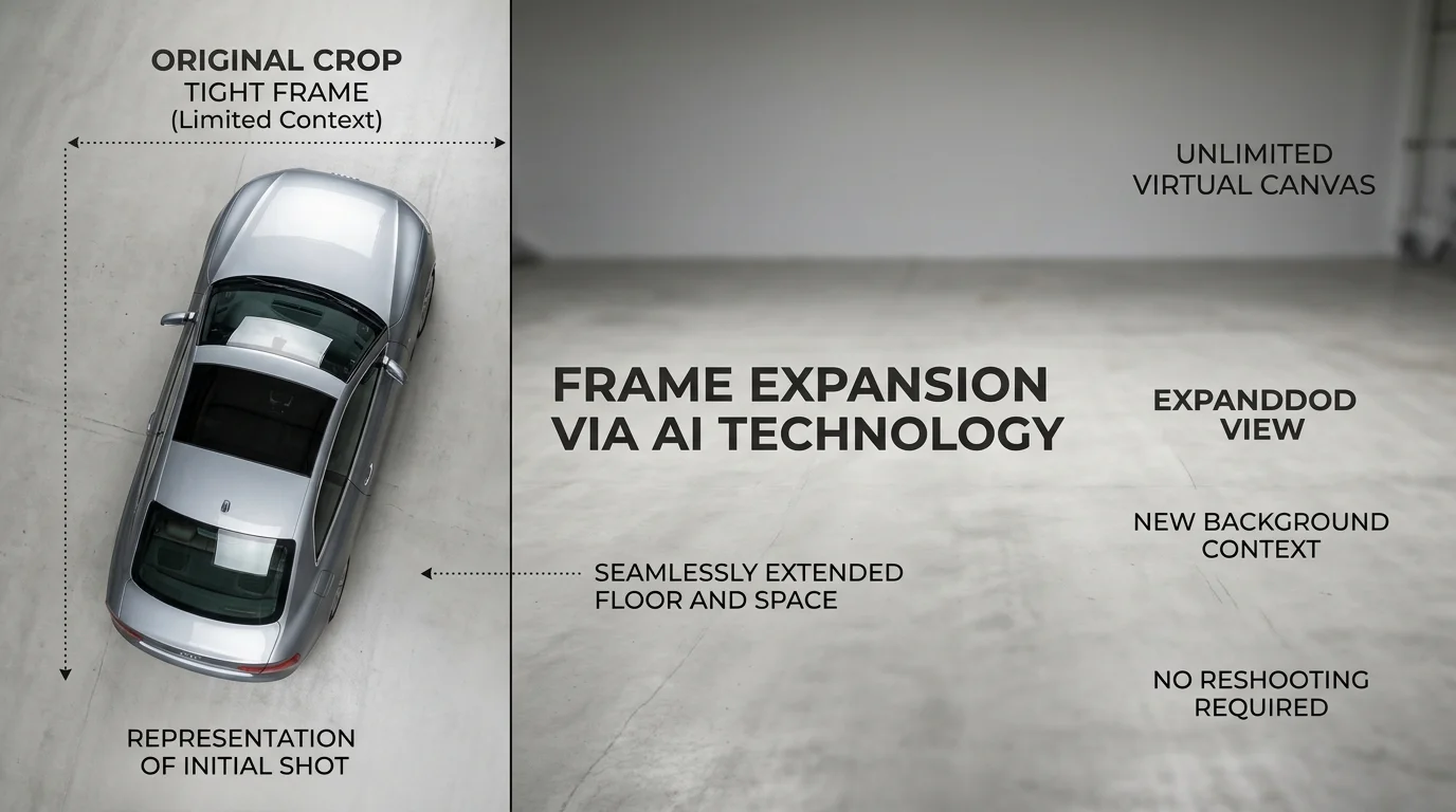 Car photo visually expanding from a tight lot shot into a wide studio-style background